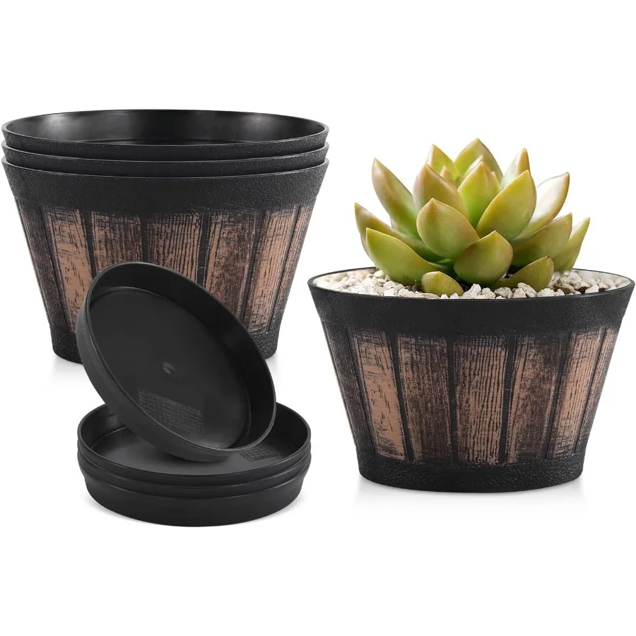 

6 inch Brown Barrel Planters with Drainage Holes and Saucer Set of 4 Indoor and Outdoor Garden Home Plants