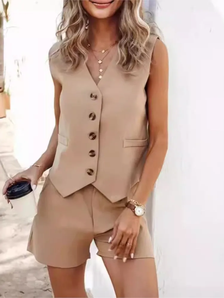 

Summer Simple Style Elegant Shorts Set Women's Fashion Casual Solid Color Sleeveless V-neck Button Vest Shorts Two-piece Set