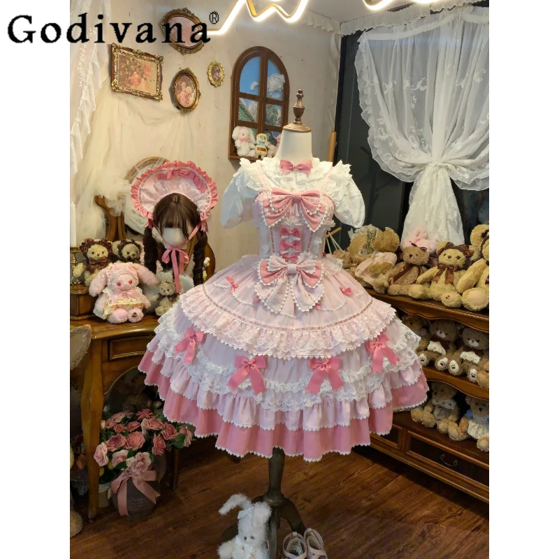 

Dreamy Sweet Girl Japanese Original Design Lolita Dress Summer New Princess Style Lace Trim Bow JSK Strap Dresses