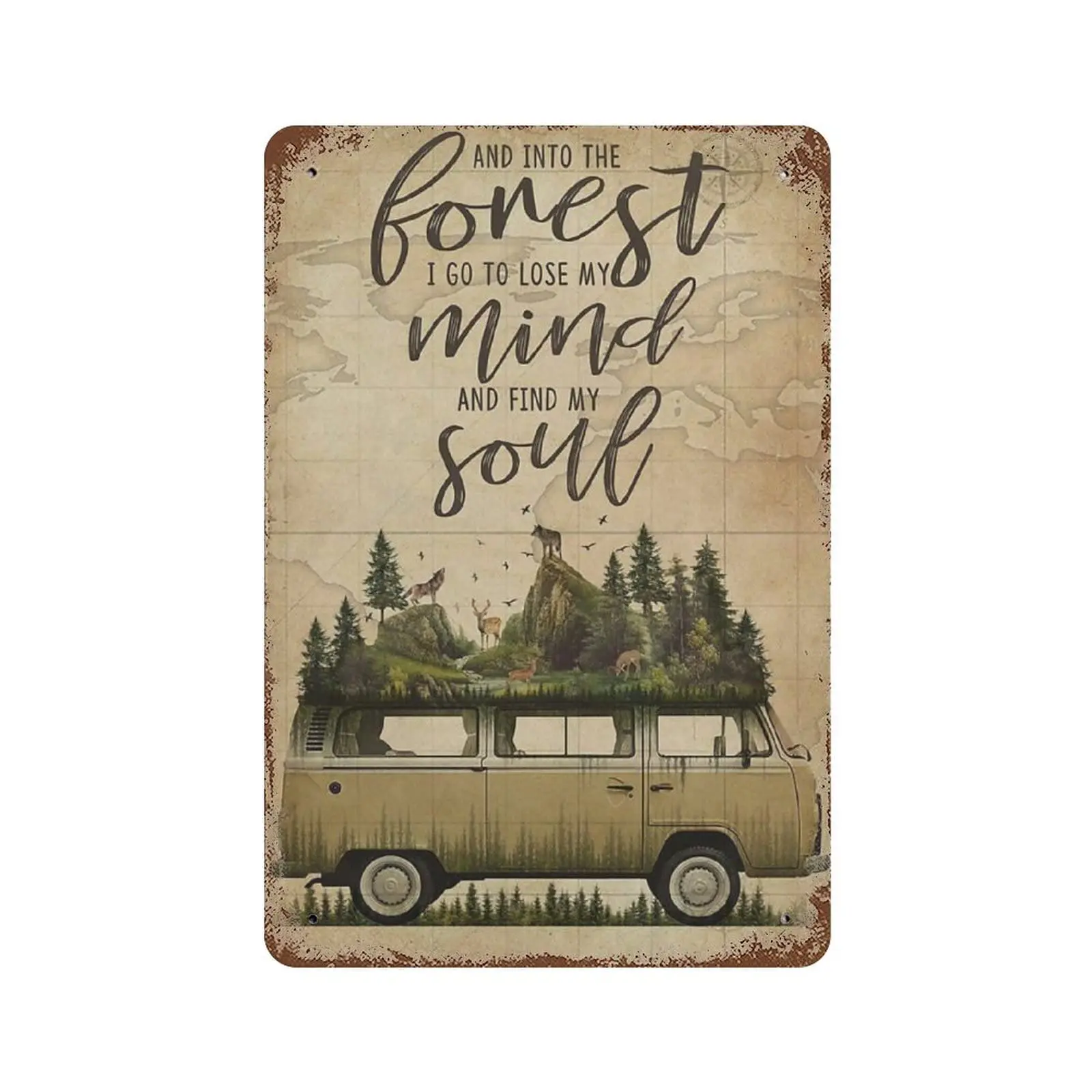 Vintage Metal Tin Sign Plaque,Forest Pallet Camper Van Into Forest Tin Sign,Man cave Pub Club Cafe Home Decor Plate，Birthday Ann