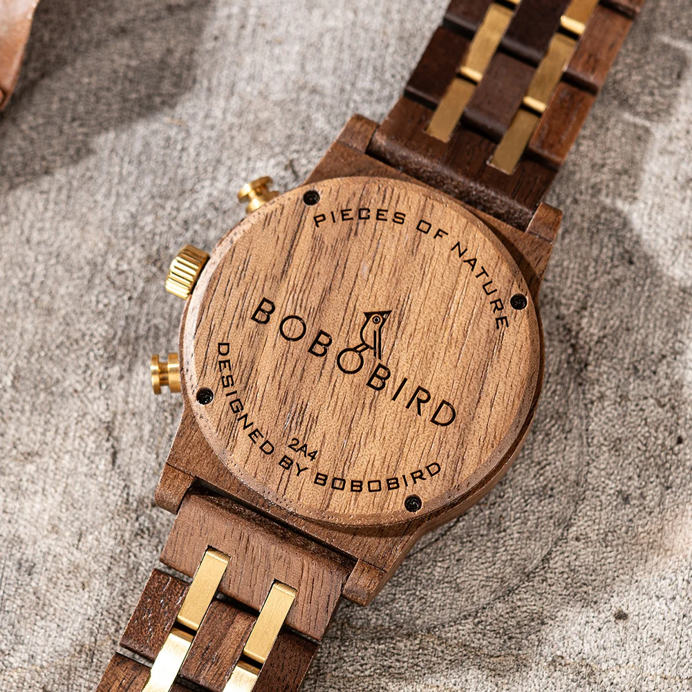 Men\'s Wooden Watch Stylish BOBO BIRD Chronograph Military Quartz Wrist Watch 2 Sub-dials Handmade Casual Light Luminous Watch