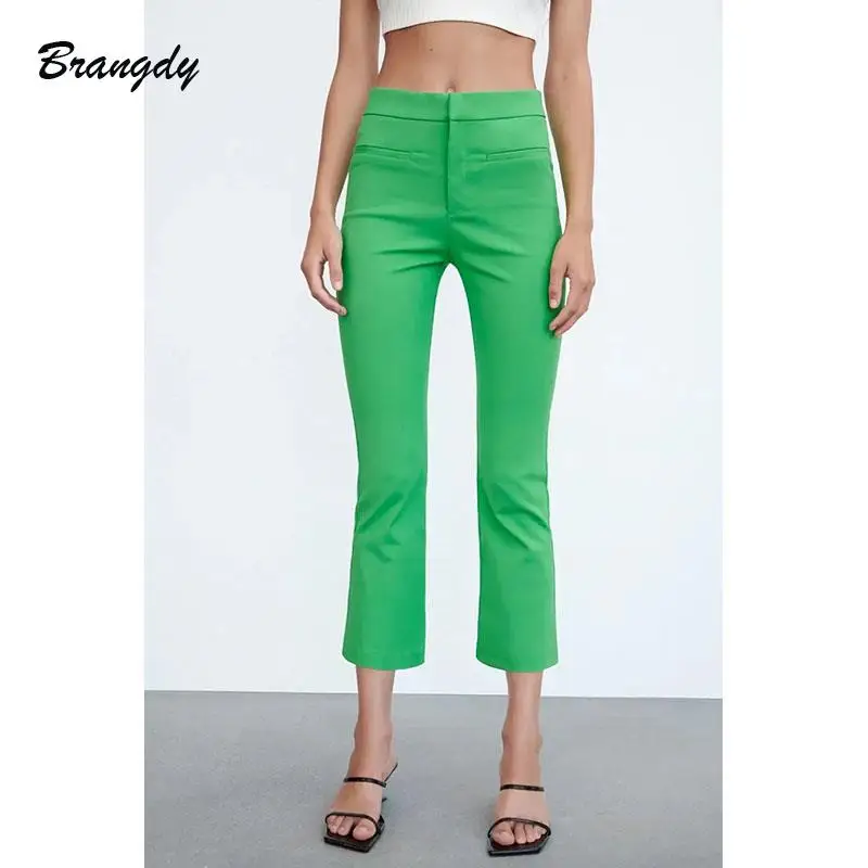 Z Women's Pants Flare Pants Orange Ankle-Length High Waist Trousers Female Spring Skinny Office Ladies Zip Fly Elastic Pant Trf