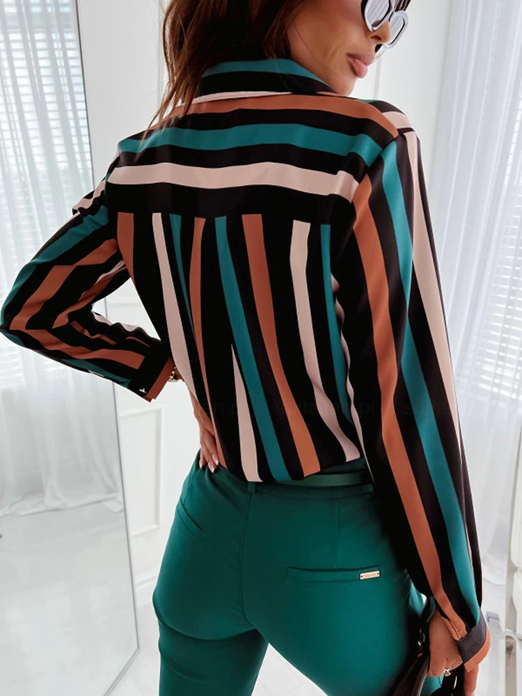 Autumn Long Sleeve Print Shirt Blouse Women Casual Ladies Office Button Striped Shirts For Women Spring Slim Top Elegant Blouses