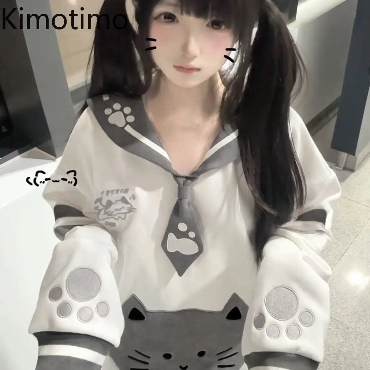 

Kimotimo Japanese Cute Cartoon Print Sailor Collar Sweatshirt Women Autumn Patchwork Long Sleeve Loose Tops Kawaii Y2k Pullover