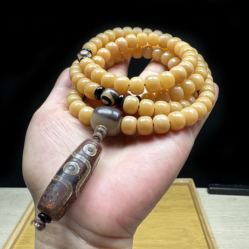 Weathered with Dzi , 108 Yellow Beads, Old Bodhi Root Necklace 8*10mm
