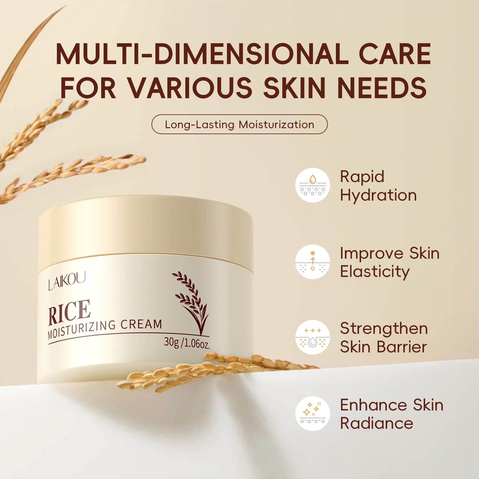 LAIKOU Rice Face Moisturizer Cream 30g, Ceramide Niacinamide Long Lasting Hydration Refine Texture Firm Radiant Facial Cream