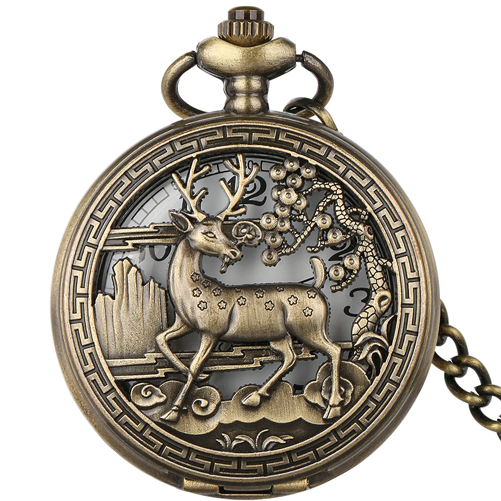 

Bronze Hollow Deer Quartz Pocket Watches Vintage Style Gift for Deer Lovers Pendant Necklace Watches Arabic Numerals Dial with C