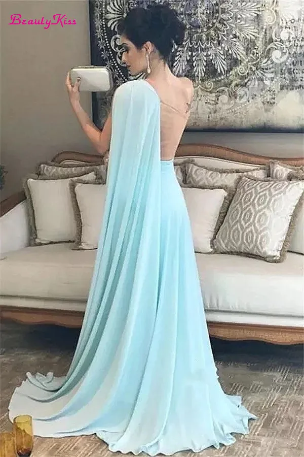 Elegant Light Blue แม่ของชุดเดรสเจ้าสาวไหล่จีบชีฟองยาว Saudi คำพรหมชุดออกงานกลางคืนสำหรับงานแต่งงาน