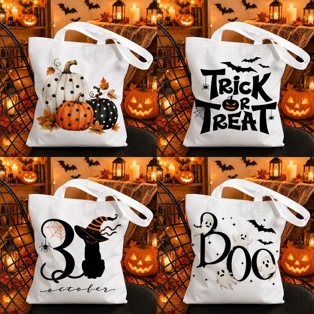 Halloween-Party Geister-Kürbis-Aufbewahrungstaschen, Canvas-Tragetasche, beidseitig bedruckt, strapazierfähige Schulterhandtasche für Festival-Party-Geschenk