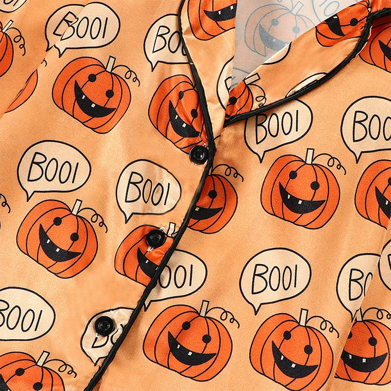 Kid Girls Boys Halloween Pajamas Set Pumpkin Print Long Sleeve Button-Down Tops Long Pants Autumn 2 Pieces Lounge Suit Sleepwear