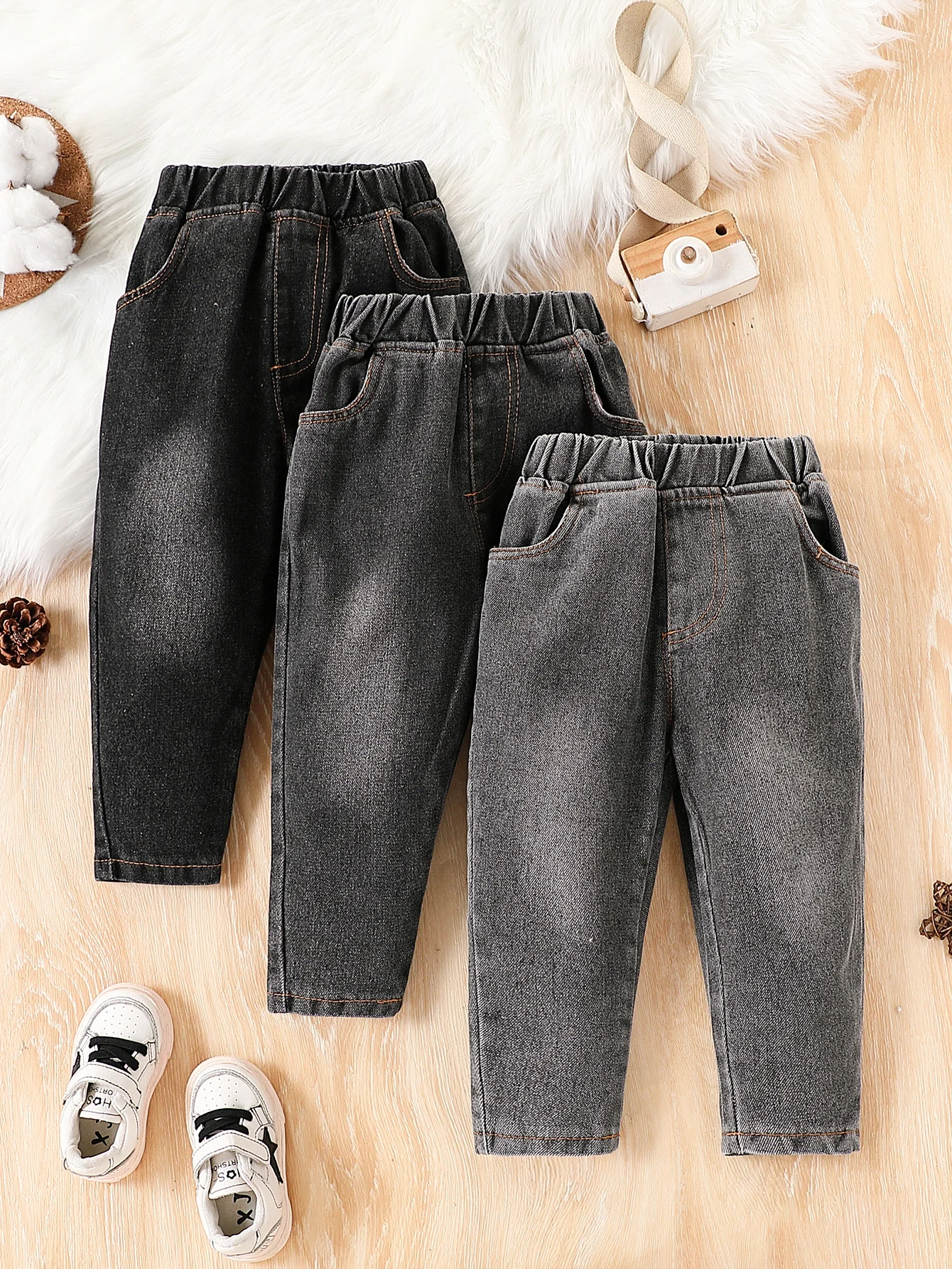3Pcs Toddler Soft Stretch Denim Harem Pants, Gradient Washed Elastic Waist Jeans for 1-4Y Baby Boys Girls