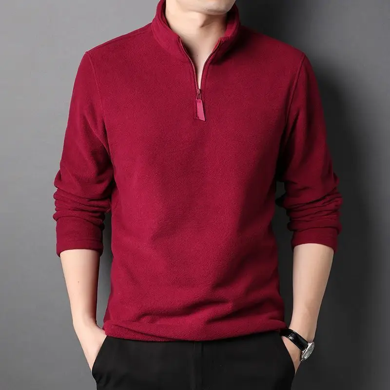 Autumn Winter Men Warm Fleece T-Shirts Double-sided Velvet Solid Zipper Turtleneck Male Clothes Tees Basic Long Sleeve Tops 2023