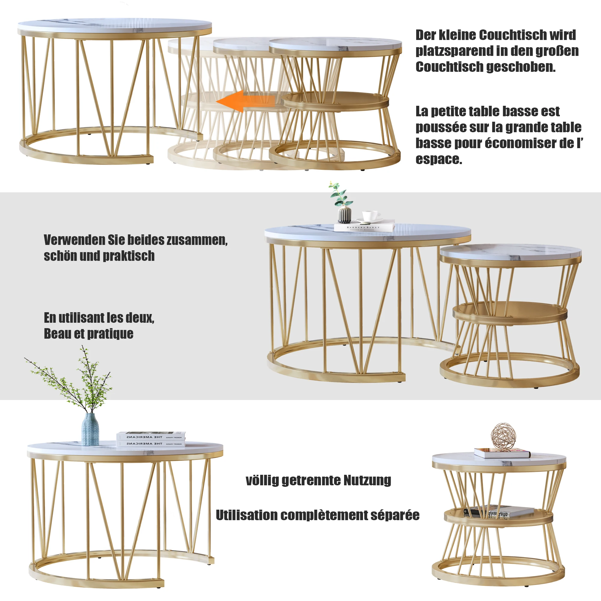 Moderner ineinander steckbarer Couchtisch, Couchtisch-Set, Marmorfurnier, Sofa-Seitennest der Tische, runde Beistelltische, 2er-Set, goldenes Gestell