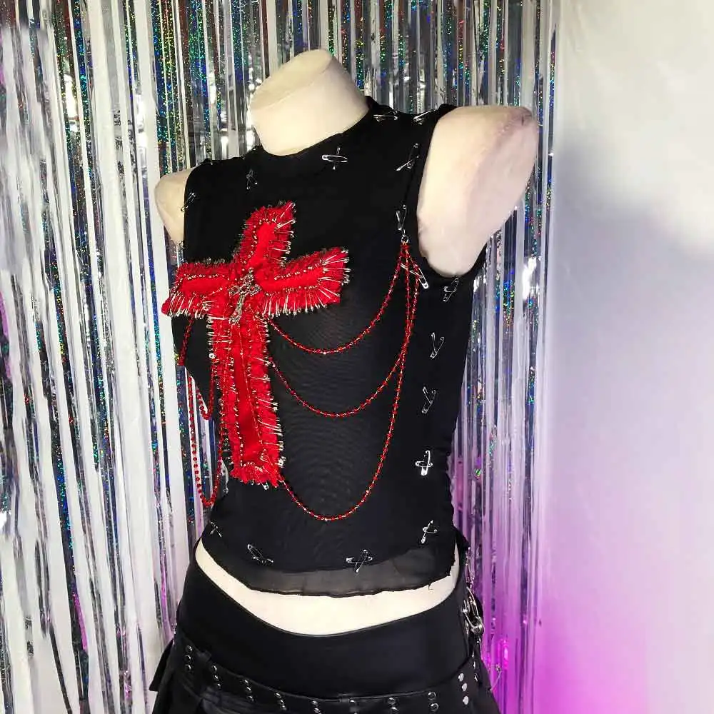 

Punk Rock Kawaii Harajuku Emo Pin Chain Grunge Eco Gothic Tank DIY Y2K Halter Camisole TOPS Hand Made Hip Hop Goth E-Girls