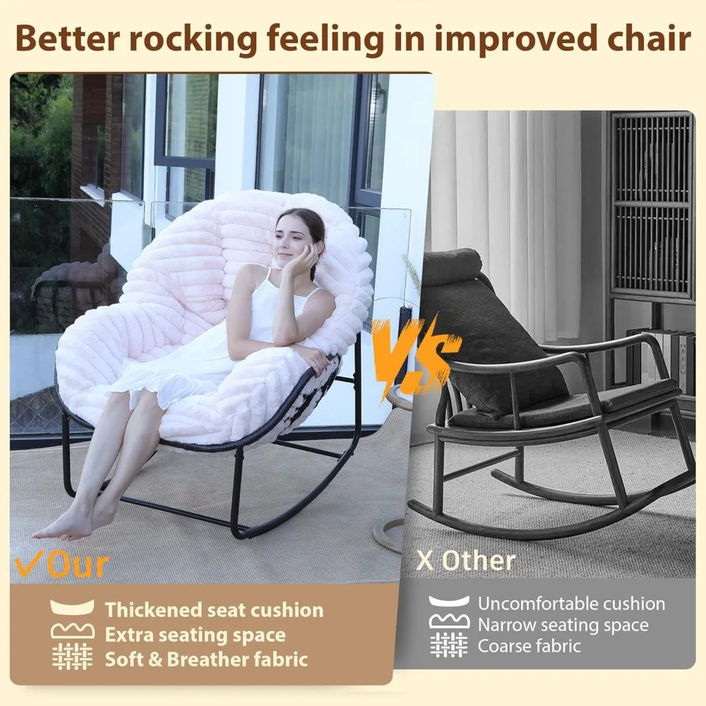 Outdoor Rocking Chair, Patio Wicker Egg Chair, Indoor Comfy Oversized Papasan Chair with Padded Cushion, Royal Rattan Rocker for