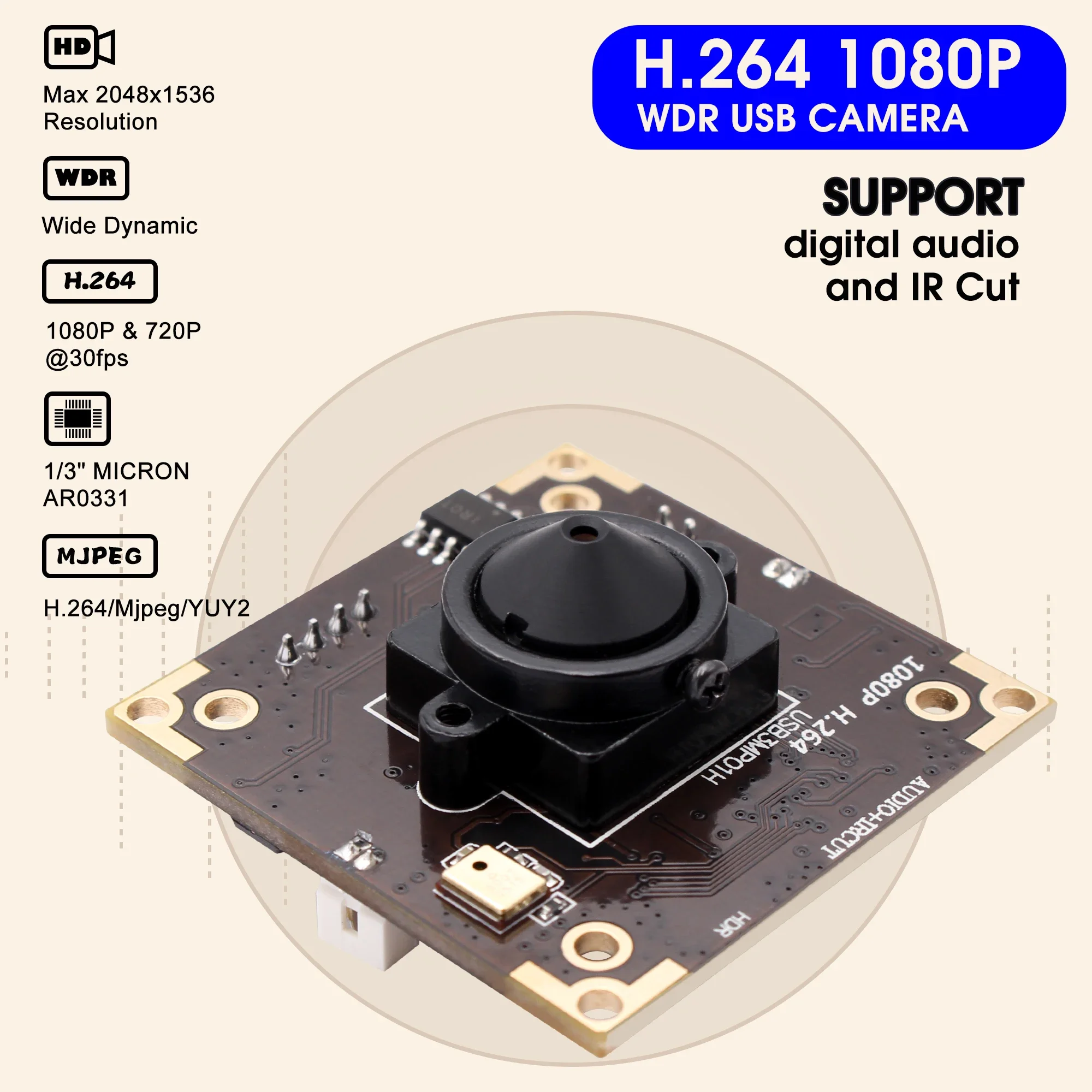 

ELP WDR 3MP USB-модуль камеры 1080P 30fps H.264 с микрофоном Aptina AR0331 Сенсорный мини-модуль Поддержка промышленного назначения для ПК