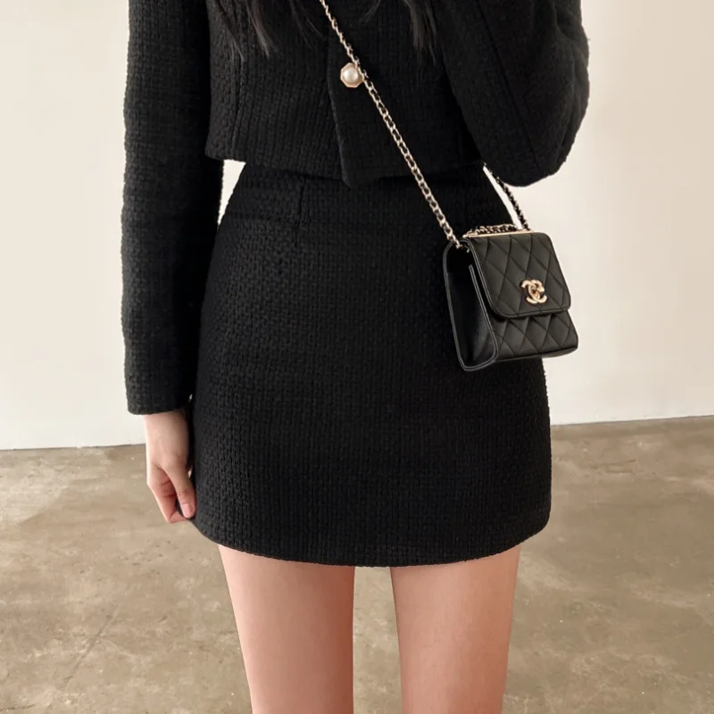 2023 Autumn Single Breasted Tweed Jackets Women Coat High Waist Mini Skirt 2 Piece Sets Spring Outfit Elegant Luxury Office Suit