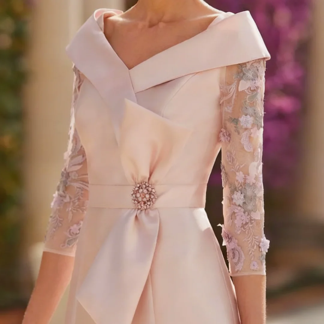 Exquisitos vestidos para madre de la novia, corte en A, cuello en V, vestidos de invitados de boda, encaje satinado con lazo, vestido con cuentas, personalizado para mujer