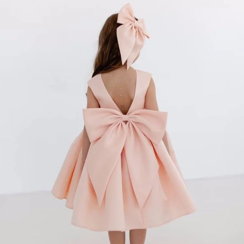 Vestidos de satén naranja con lazo para niña, vestidos sin mangas para boda, fiesta de cumpleaños, primera comunión