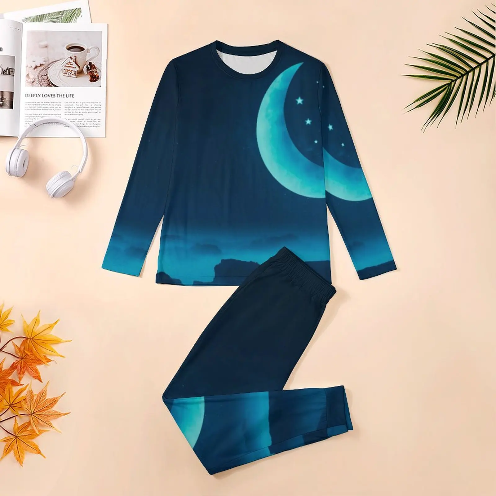 Mountains Print Pajamas Men Blue Quarter Moon Fashion Home Suit Spring Long Sleeve 2 Piece Casual Graphic Pajama Sets 4XL 5XL