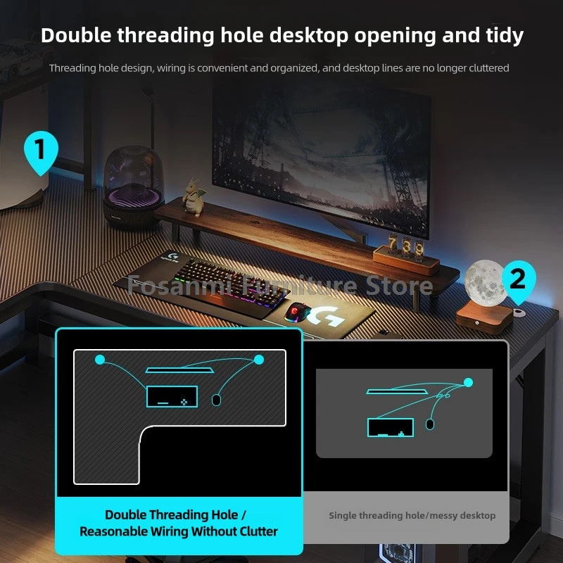 مكتب ألعاب أسود على شكل حرف L للمنزل، طاولة كمبيوتر لغرفة المكتب والزاوية الحديثة مع فتحة كابل، مكتب عمل كبير للدراسة