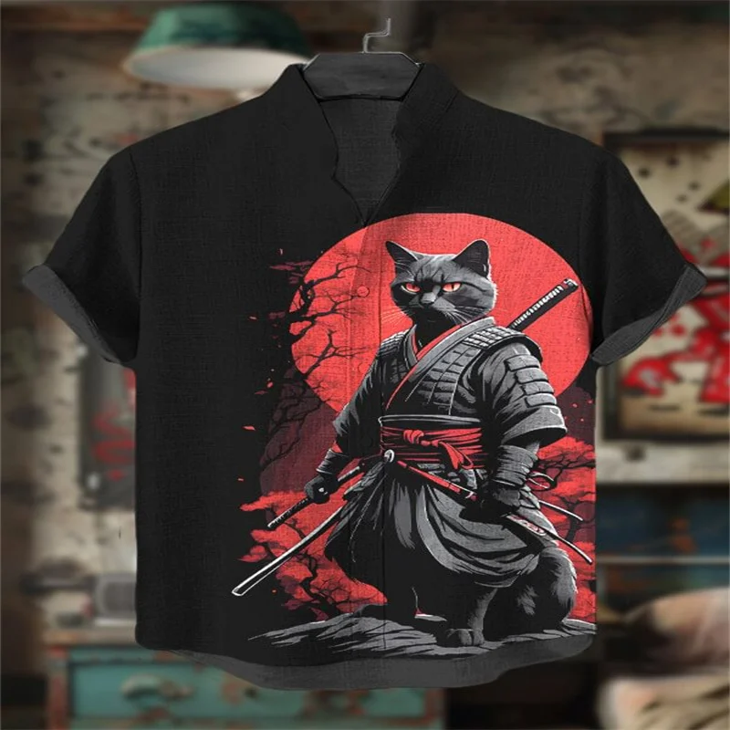

Мужская рубашка с короткими рукавами в стиле ретро, рисунок тушью, кошачий воин, бамбуковый принт, рубашка с короткими рукавами и принтом японского воина, кота-дракона