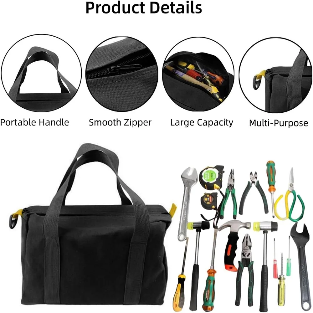 12 Inch Wide Mouth Tool Bag, Canvas Tool Bag, Heavy Duty Tool Storage Bag，Power Tool Organizer Pouch, Tool Bags for Men