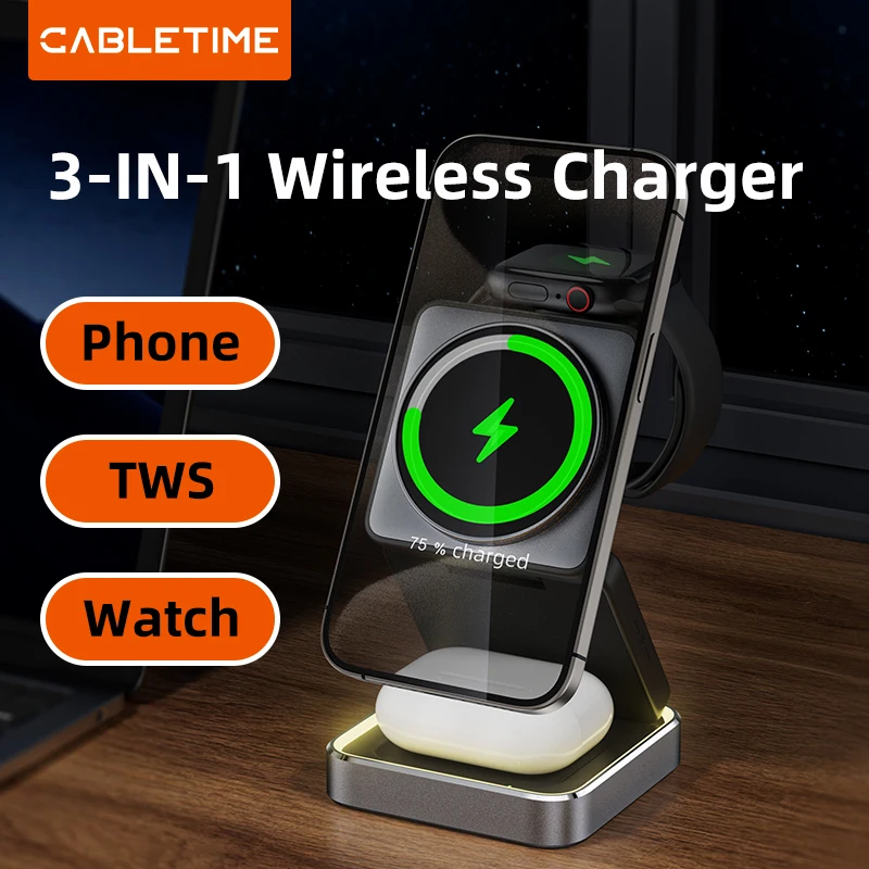 CABLETIME Foldable Magnetic 3 in 1 Wireless Charger Stand for iwatch Airpods iPhone 16/15/14 Samsung S23 S22 S21 Galaxy Watch