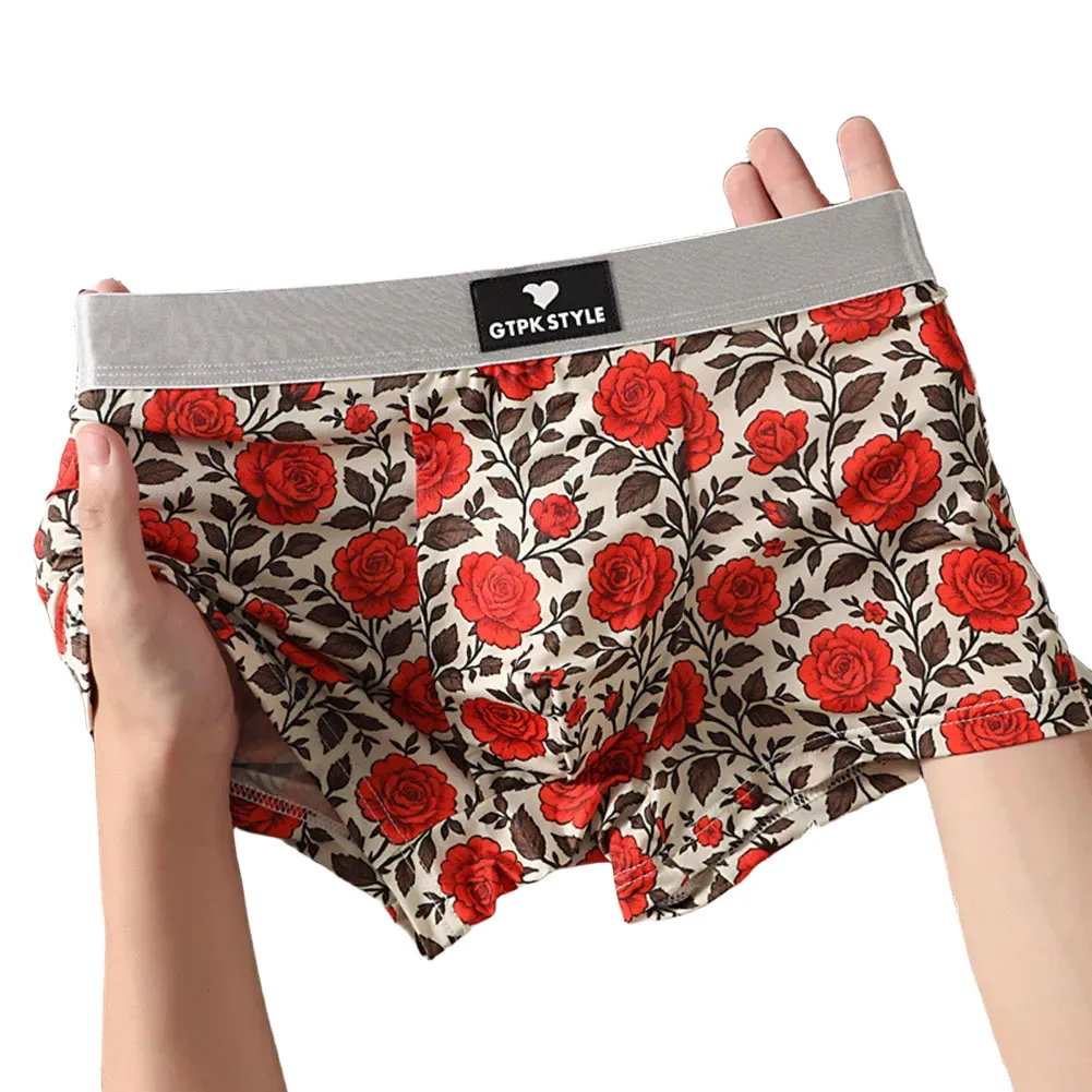 ملابس داخلية بوكسر للرجال بطبعة وردية مع قماش مسامي بتصميم كلاسيكي مسطح للزاوية مناسبة بشكل مريح