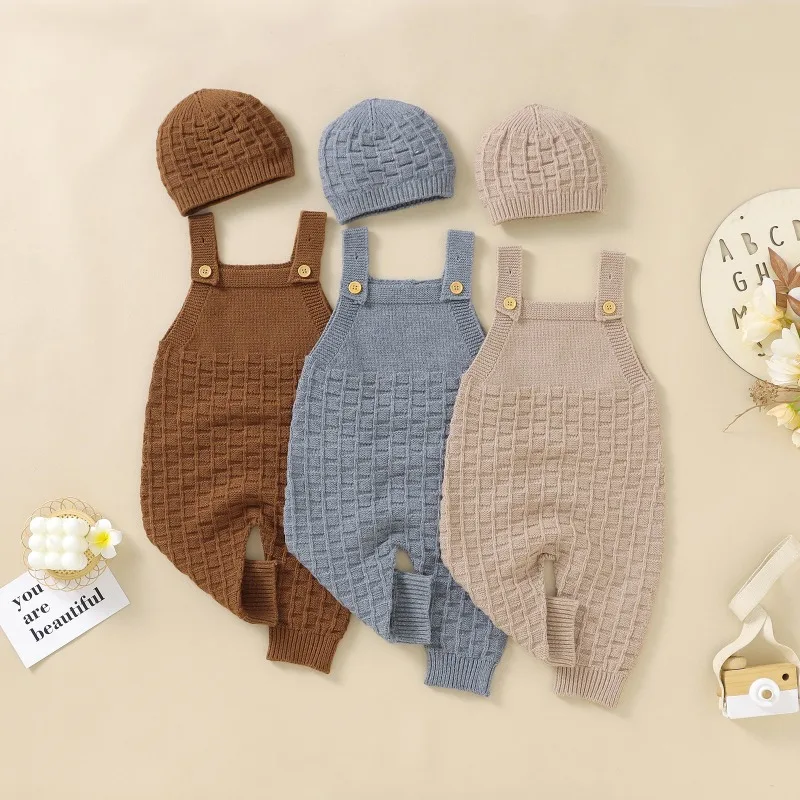 

0-18 Months Autumn Baby Sling Bodysuit +hat 2pcs Set Newborn Solid Jumpsuit Knitted Romper Sweater Toddler Baby Carrier Pants