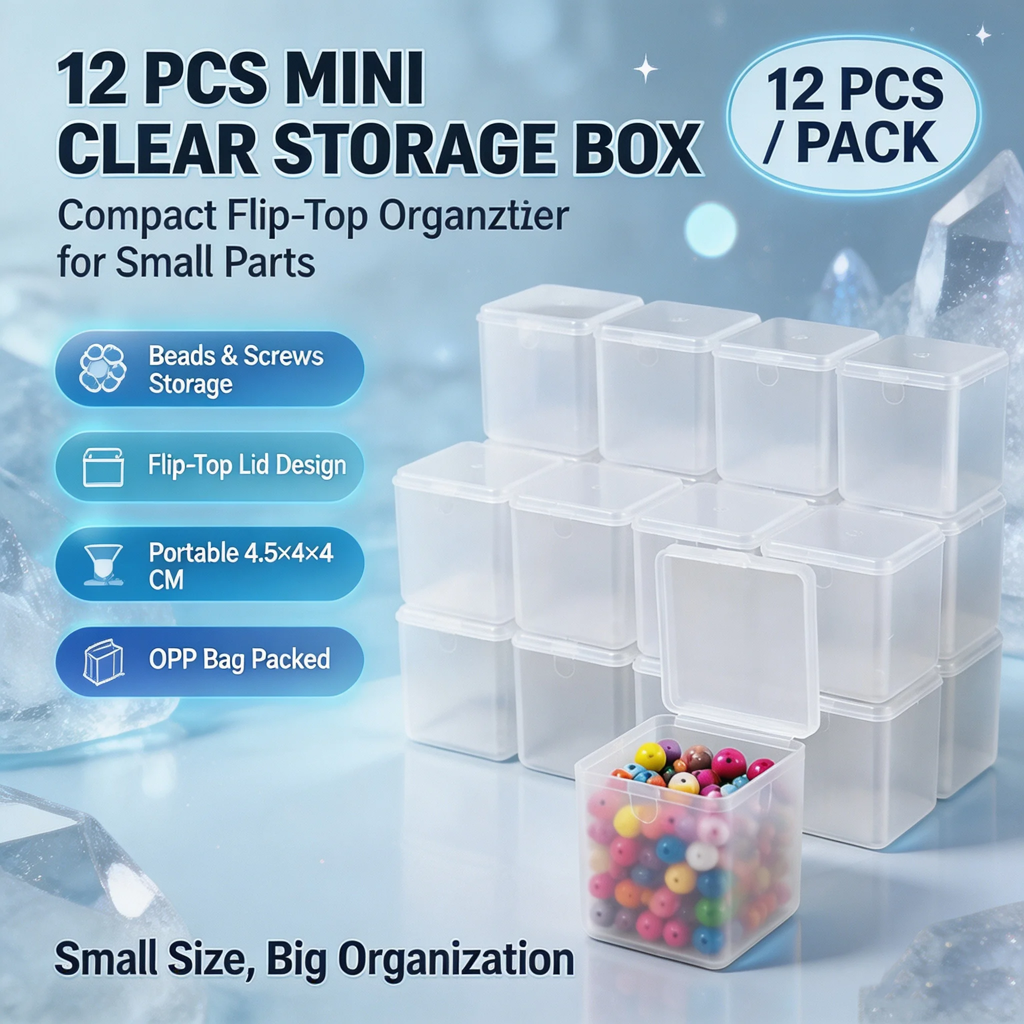 Square Plastic Storage Box 12Pcs Flip‑Top Organizer Case for Beads Screws Small Hardware DIY Craft Accessories Container