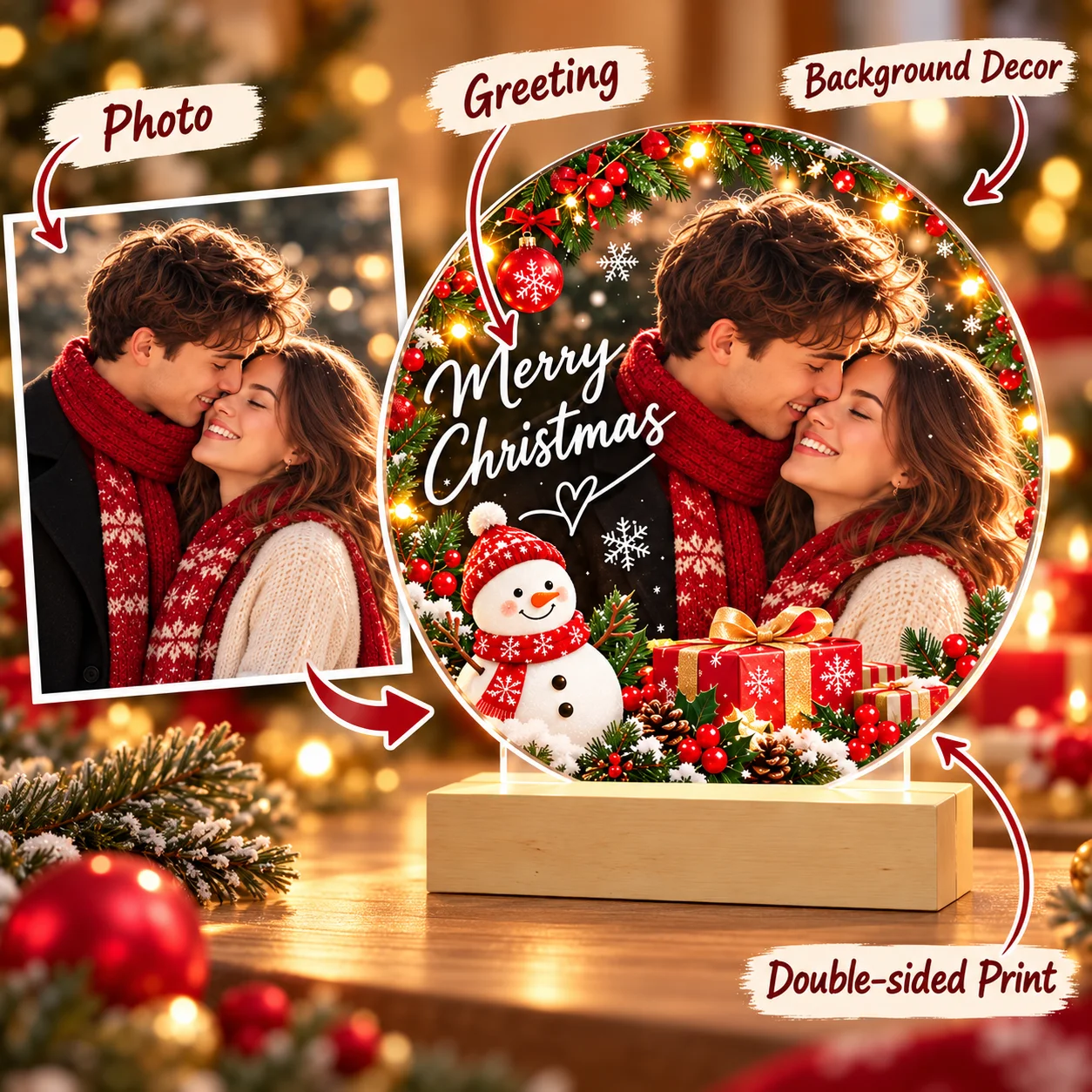 Custom Photo Round Acrylic Plaque Double Sided with Wooden Base Christmas Desk Decor Unique Friend Birthday Gift Personalized
