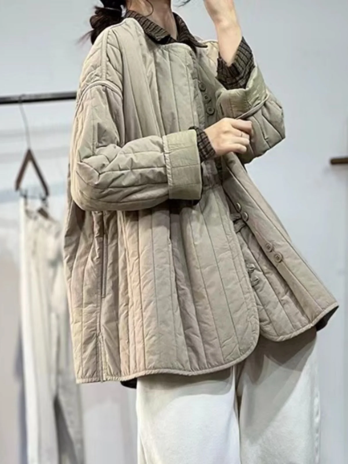 Lightweight down Cotton Jacket Women's Winter Casual Coat Small Cotton Padded round Neck Jacket Warm Cotton Clothes