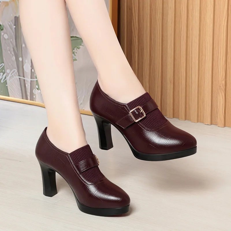 Fashion Comfortable Deep Mouth Soft Leather Shoes Women Pumps 2024 Spring Med Block Heels Shoes For Office Mom Model Daily