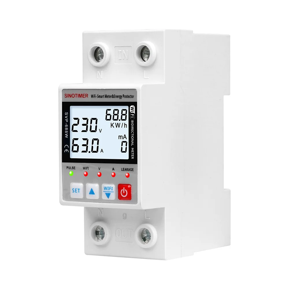 SVP-688W-B Tuya 63A WiFi الذكية تسرب الأرض أكثر من تحت الجهد حامي التتابع مقياس الطاقة كيلوواط ساعة التبديل الموقت التحكم عن بعد