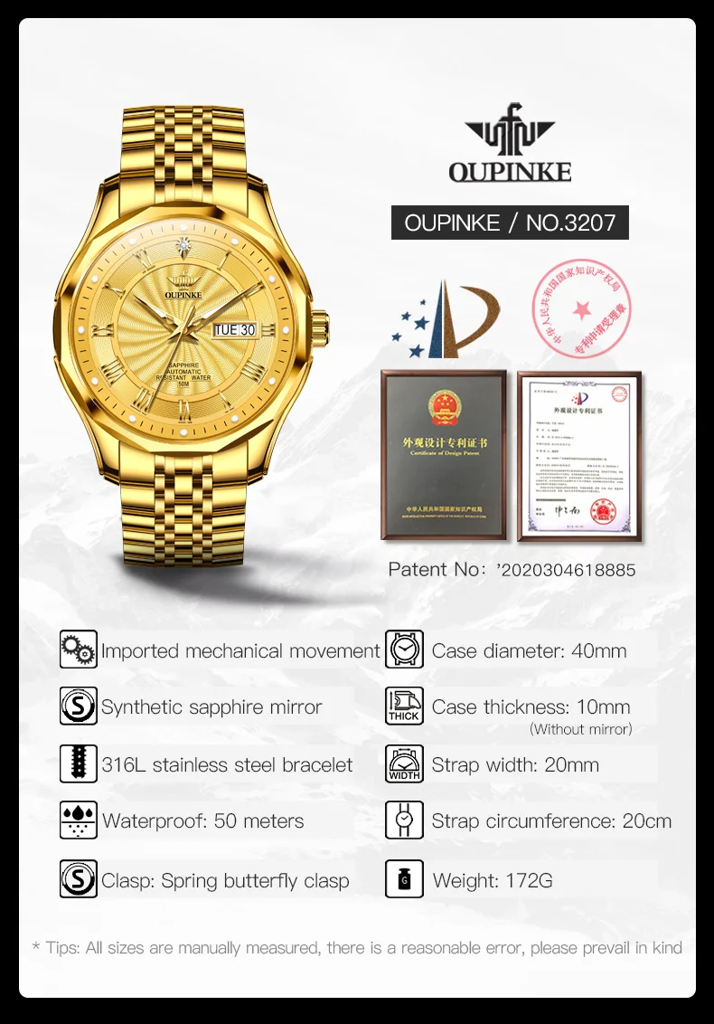 OUPINKE Automatic Mechanical Watch for Men Swiss Movement Real Diamond Sapphire Crystal Mirror 50M Waterproof Gold Watches 3207