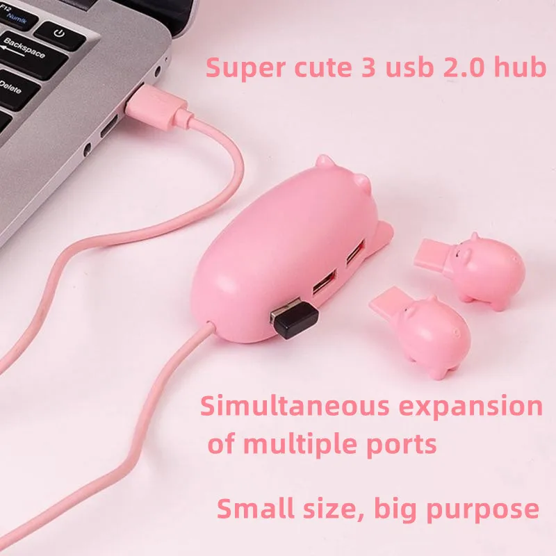 Cute USB 2.0 Hub Pink Mom Pig USB Hub with 3 Piglet Decoration Lids Animal Shape Hub for Pet Lovers Stuff Pig Decor Office