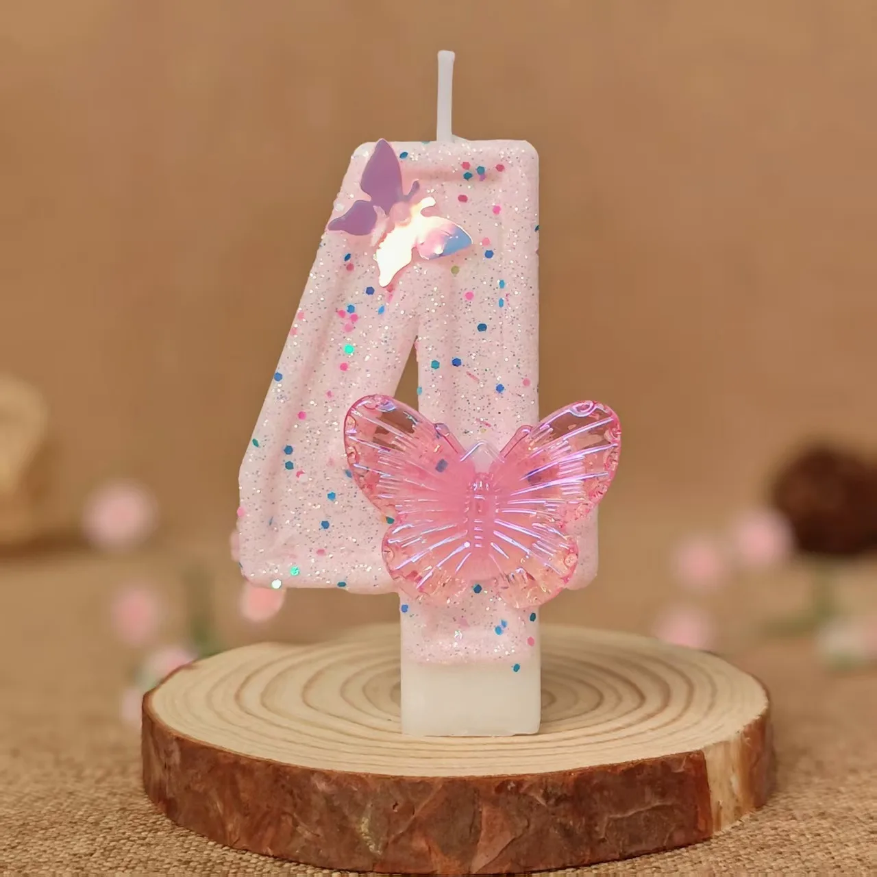 3D-Schmetterlings-Zahlenkerzen 0-9, glänzende, pinkfarbene Glitzerkerzen für Geburtstagskuchen, Kuchendekoration, Partyzubehör – Detail 8
