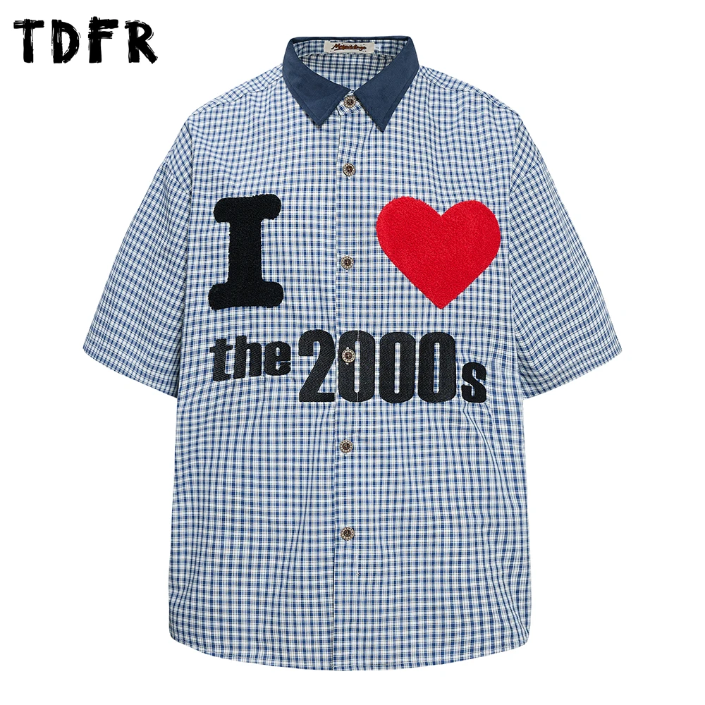 

Heart Letter Embroidery Plaid Short Sleeve Shirts Mens Casual Retro Summer Spliced Lapel Loose Cotton Half-Sleeve Shirts Man