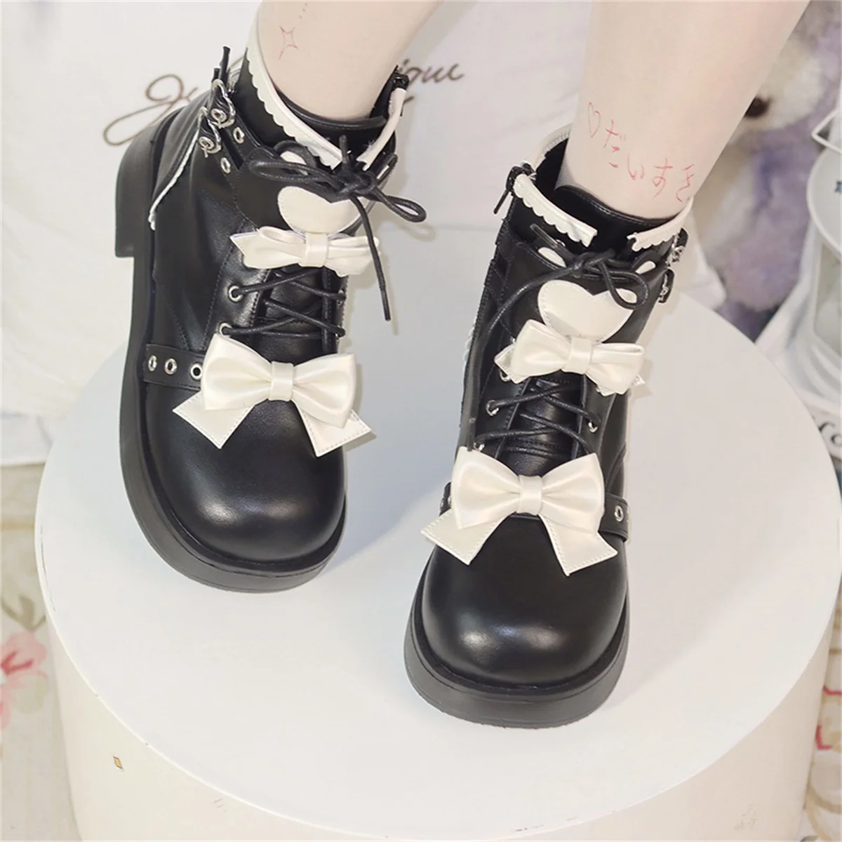 Japanse Zoete College Stijl Kawaii Meisjes Schoenen Cosplay Strik Liefde Vetersluiting Riem Ronde Kop Dikke Bodem 2.5-4.5Cm enkellaarsjes