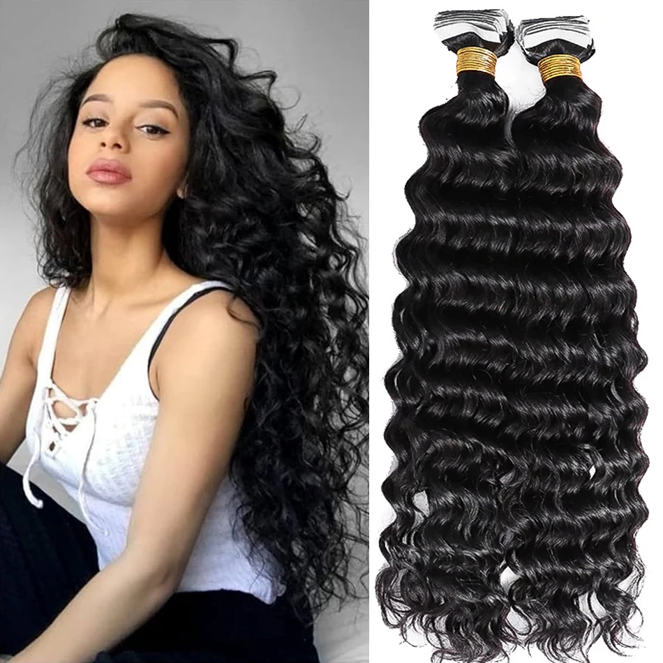 Ekstensi Rambut Manusia Deep Wave, Rambut Keriting Bergelombang Hitam Alami, Ekstensi Rambut Tempel Double Drawn, 100% Rambut Manusia Virgin