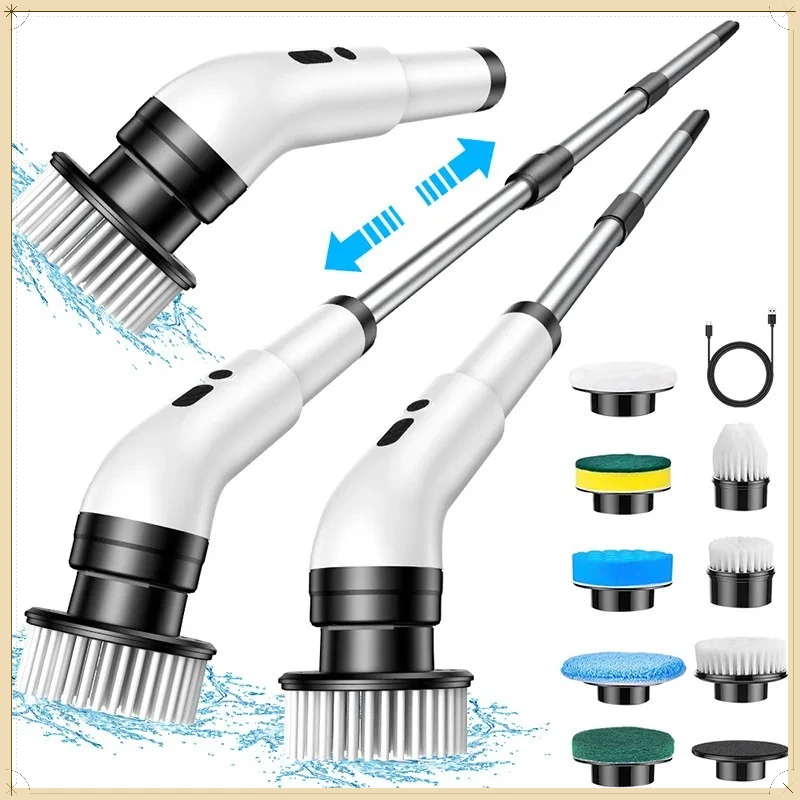 

Cordless Electric Spin Scrubber with 9 Brush Heads Adjustable Extension Handle Shower Cleaning Brush