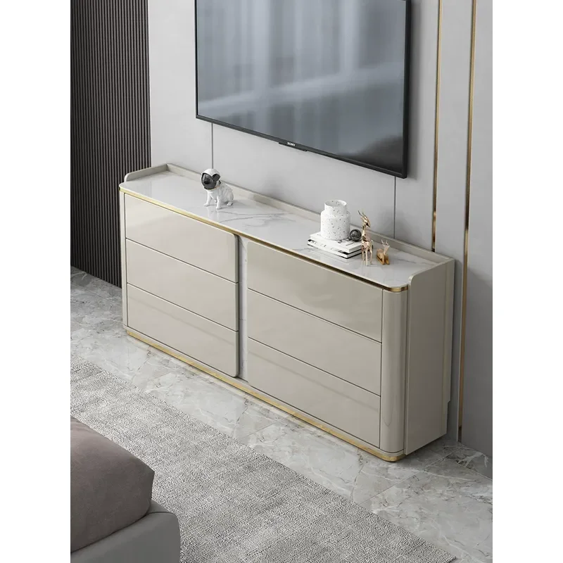 Solid Wood TV Cabinet Modern Simple High Storage Chest with Ultra Thin Rock Slab Top for Living Room or Bedroom Furniture