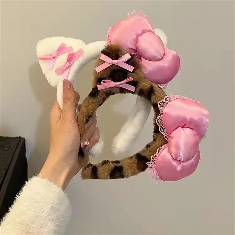 1-8Pcs Hair Band with Bow Cute Cat Ear Hair Band for Girls Wash Face Make-up and Mask Application Non-slip Headband