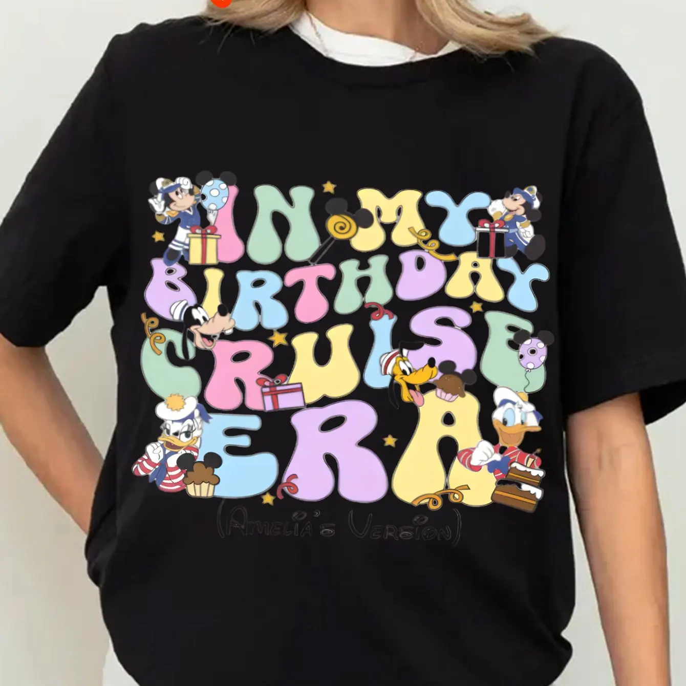 

Disney My Birthday Cruise Period Women's T-shirt - White Short Sleeved T-shirt with Fun Fairy Tale Illustrations, Loose Fit