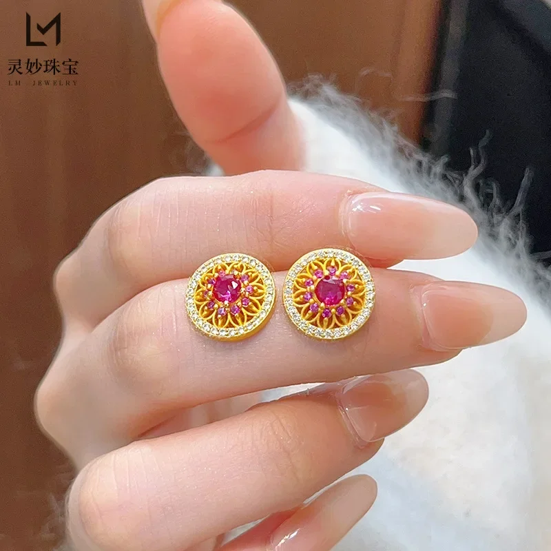 NovaGlod Ancient method 24K real gold dot diamond hollow sun flower 9999 earrings flower earrings exquisite retro gift for girlf