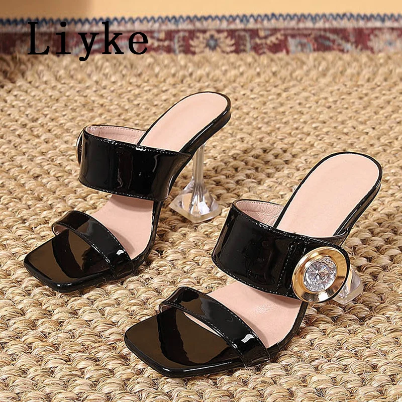 Liyke New Brand Design Crystal Metal Buckle pantofole con tacco strano trasparente da donna sandali Open Toe Mules Slides Shoes Pumps