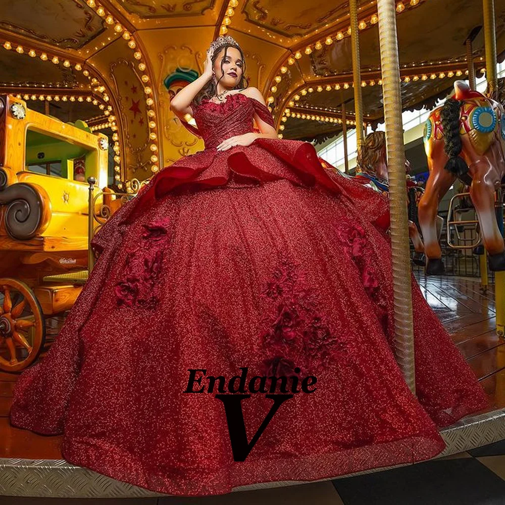 Vendanie Romantic Sequins Quinceanera Dresses Appliques Beads Off the Shoulder Ruched Floor Length Draped Robe Quinceañera Rouge