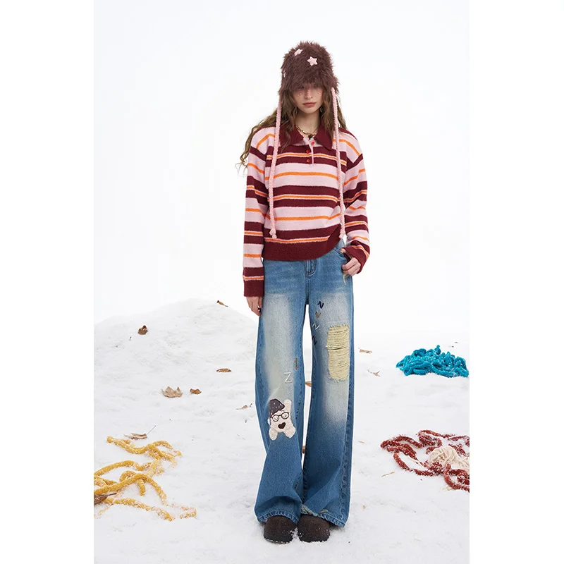 ELFSACK 2025 الشتاء الوافدين الجدد Y2K عادية فضفاض الكلب الجرافيك ممزق المتعثرة مستقيم الطابق طول الجينز للنساء