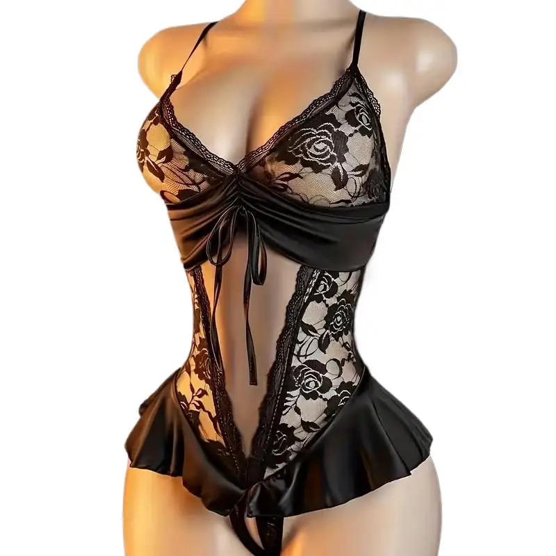  Crotchless Lingerie Women Lace Hollow Bodysuit Pajamas Teddy Babydolls Deep V Open Bra Porn Underwear Dress  Costumes